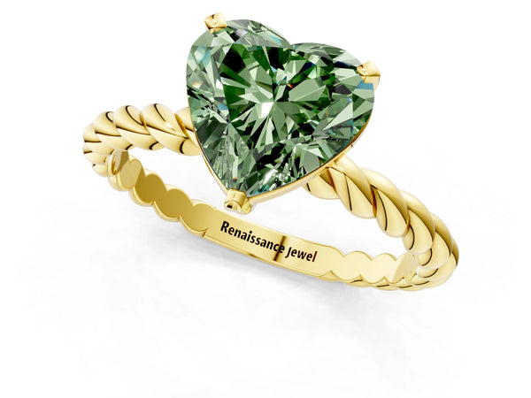 Yellow gold Fancy Green Heart  Cut Solitaire Twisted Band with Four-Prong Setting
