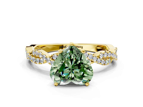 Yellow gold Fancy Green Heart Cut Solitaire Twisted Pave Band with Four-Prong Setting_3