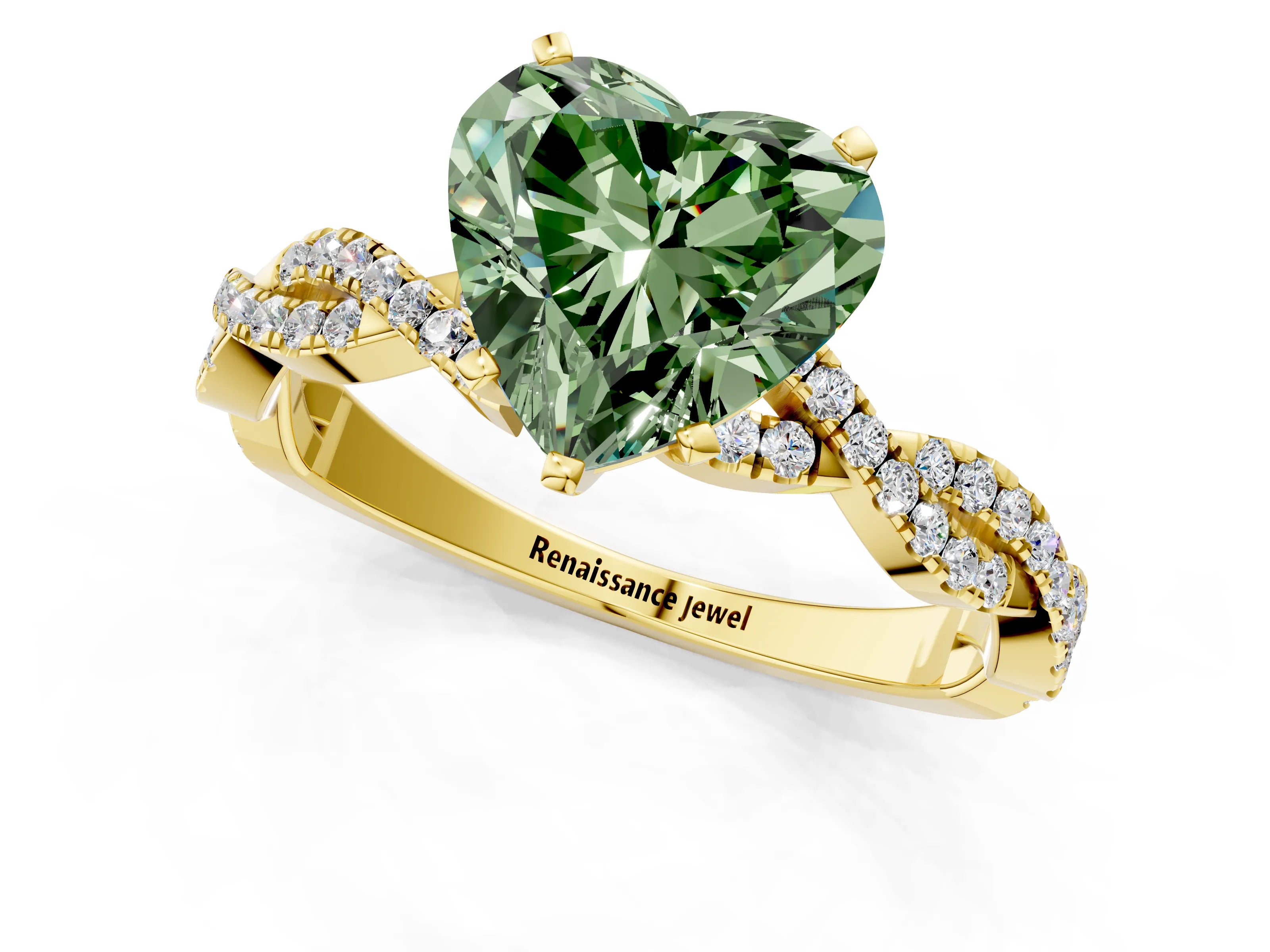 Yellow gold Fancy Green Heart Cut Solitaire Twisted Pave Band with Four-Prong Setting_4