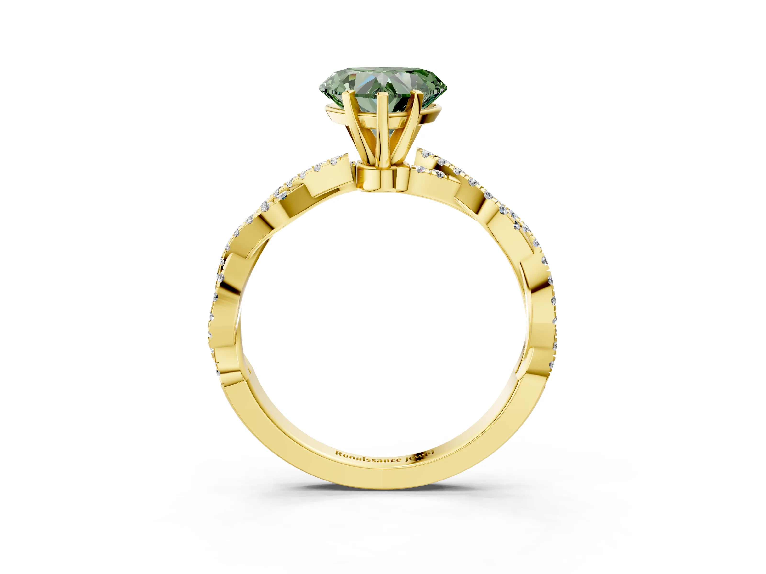 Yellow gold Fancy Green Heart Cut Solitaire Twisted Pave Band with Four-Prong Setting_6