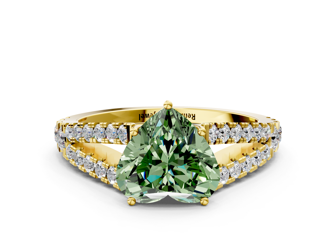 Yellow gold Fancy Green Heart  Cut Split Shank Pave Diamond Engagement Ring with Four-Prong Setting