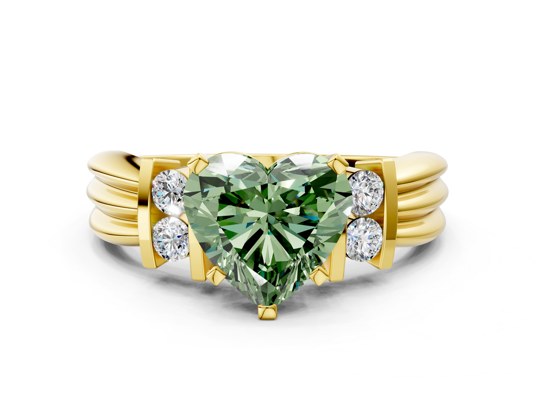 Yellow gold Fancy Green Heart  Cut Three-Stone Channel Set Ring with Bar Prongs