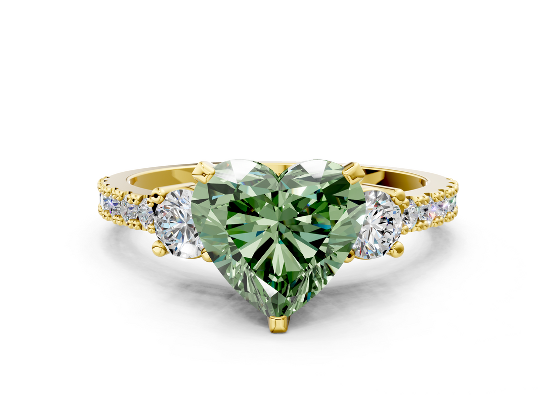 Yellow gold Fancy Green Heart  Cut Three-Stone Diamond Pavé Band with Prong Setting
