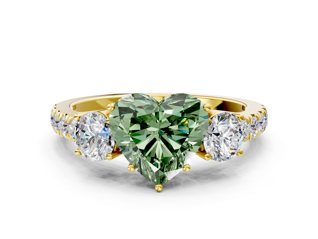 Yellow gold Fancy Green Heart  Cut Three-Stone Diamond Pave Band with Prong Setting_17