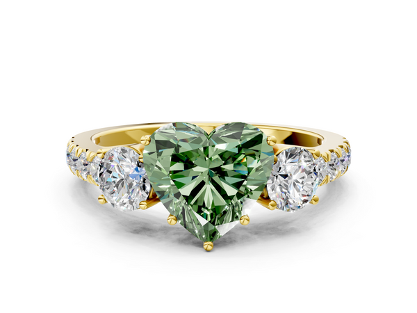 Yellow gold Fancy Green Heart  Cut Diamond Three-Stone Ring with Round Side Stones and Pavé Band