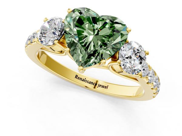 Yellow gold Fancy Green Heart  Cut Diamond Three-Stone Ring with Round Side Stones and Pavé Band