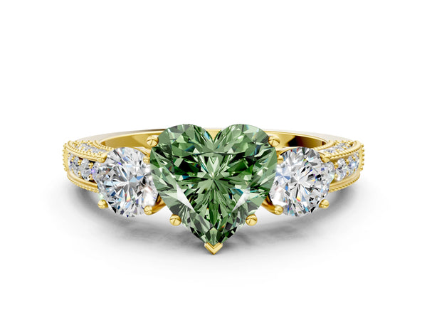 Yellow gold Fancy Green Heart Cut Three-Stone Diamond Ring with Pavé Band and Four-Prong Setting