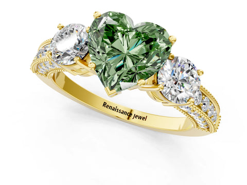 Yellow gold Fancy Green Heart Cut Three-Stone Diamond Ring with Pavé Band and Four-Prong Setting_1