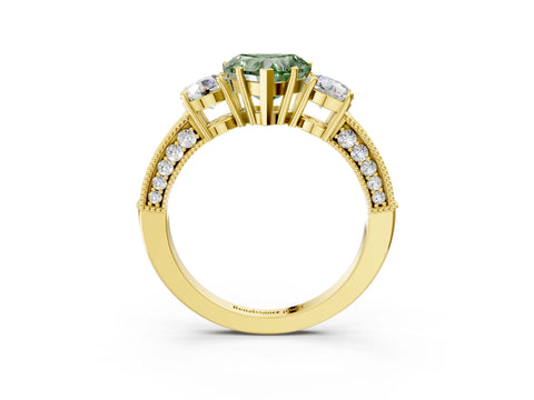 Yellow gold Fancy Green Heart Cut Three-Stone Diamond Ring with Pavé Band and Four-Prong Setting_3