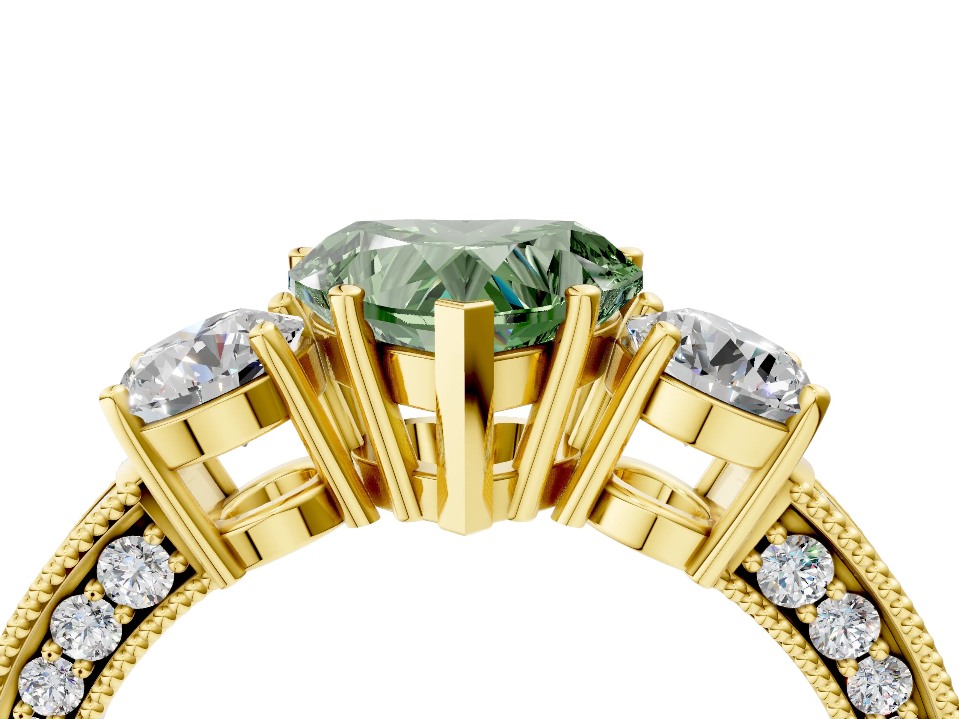 Yellow gold Fancy Green Heart Cut Three-Stone Diamond Ring with Pavé Band and Four-Prong Setting_4