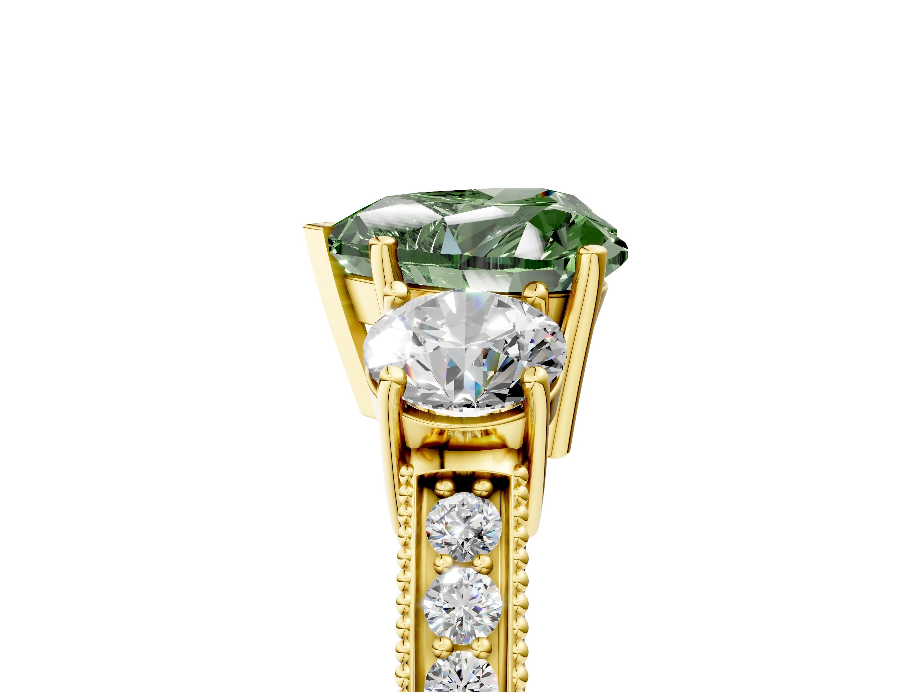 Yellow gold Fancy Green Heart Cut Three-Stone Diamond Ring with Pavé Band and Four-Prong Setting_5