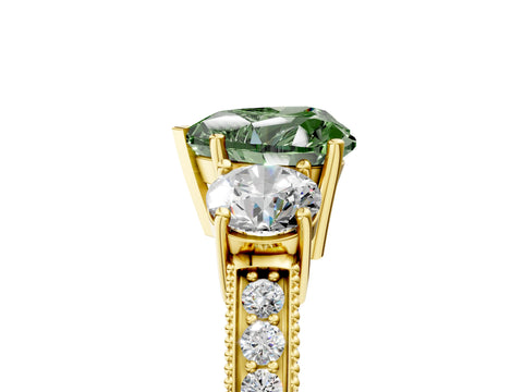 Yellow gold Fancy Green Heart Cut Three-Stone Diamond Ring with Pavé Band and Four-Prong Setting_5