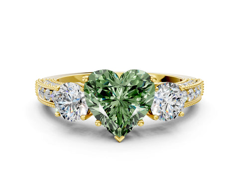 Yellow gold Fancy Green Heart Cut Three-Stone Diamond Ring with Pavé Band and Four-Prong Setting