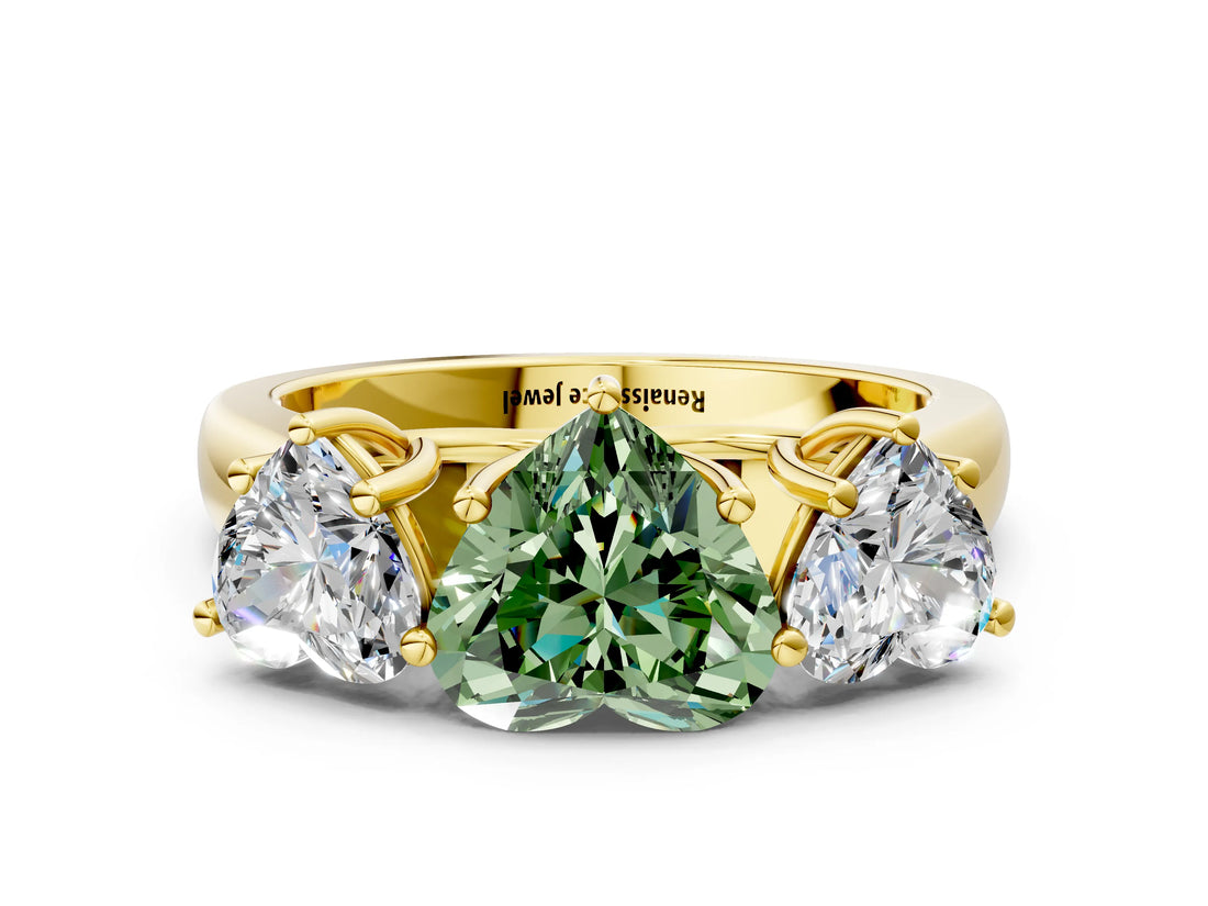 Yellow gold Fancy Green Heart Cut Three-Stone Diamond Ring with Prong Setting on a Classic Band_12
