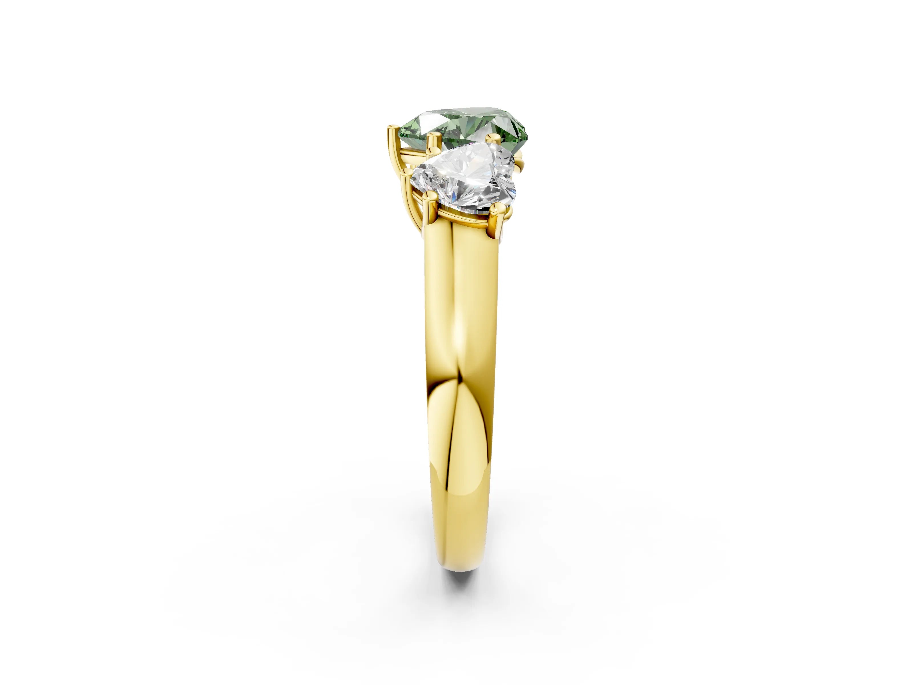 Yellow gold Fancy Green Heart Cut Three-Stone Diamond Ring with Prong Setting on a Classic Band_2