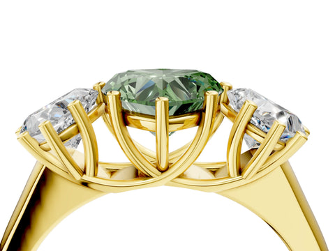 Yellow gold Fancy Green Heart Cut Three-Stone Diamond Ring with Prong Setting on a Classic Band_4
