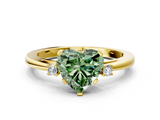 Yellow gold Fancy Green Heart  Cut Three-Stone Solitaire Ring with Round Accent Diamonds and Four-Prong Setting