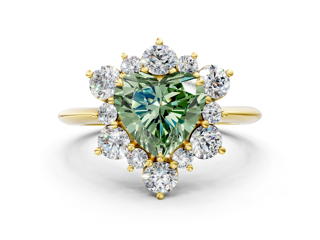 Yellow gold Fancy Green Heart  Diamond Cluster Halo Ring with Solitaire Band and Four-Prong Setting