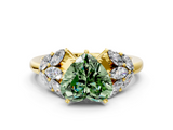 Yellow gold Fancy Green Heart  Diamond Cluster Leaf Design Ring with Prong Setting