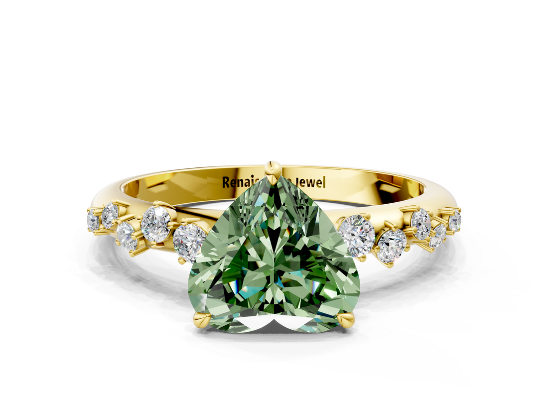 Yellow gold Fancy Green Heart  Diamond Cluster Prong-Set Solitaire Ring