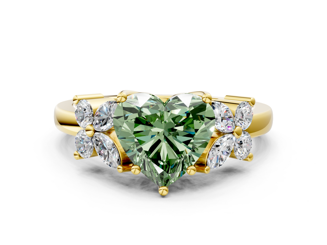 Yellow gold Fancy Green Heart  Diamond Floral Cluster Ring with Solitaire Band and Prong Setting