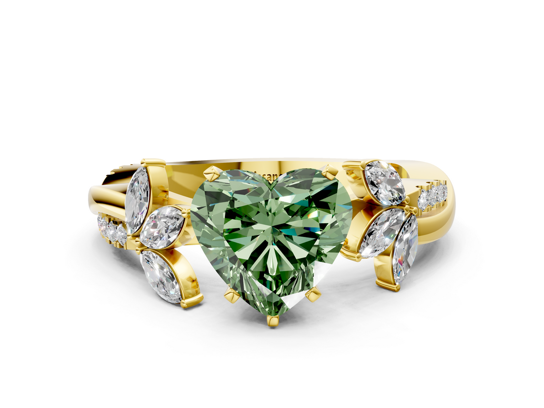 Yellow gold Fancy Green Heart  Diamond Floral Vine Solitaire Engagement Ring