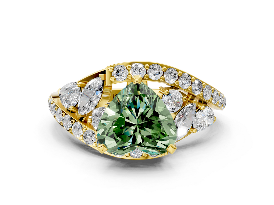 Yellow gold Fancy Green Heart  Diamond Halo Ring with Marquise and Pavé Band in Prong Setting