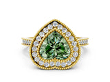 Yellow gold Fancy Green Heart  Diamond Halo Ring with Milgrain Frame and Pavé Band_28