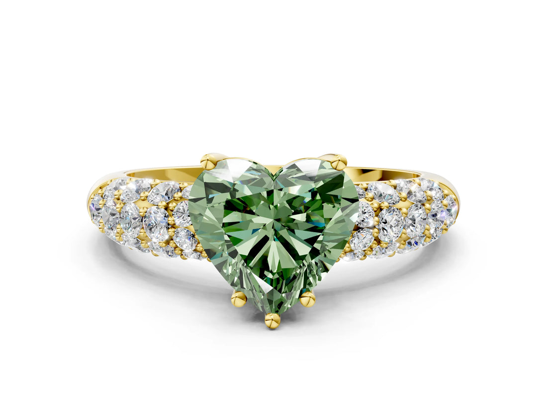 Yellow gold Fancy Green Heart  Diamond Pavé Band Solitaire Ring with Four-Prong Setting_29