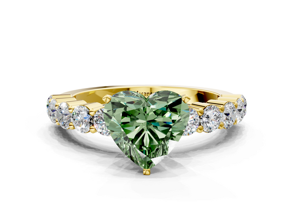 Yellow gold Fancy Green Heart  Diamond Solitaire Ring with Shared Prong Round Side Stones