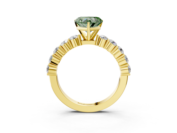 Yellow gold Fancy Green Heart  Diamond Solitaire Ring with Shared Prong Round Side Stones