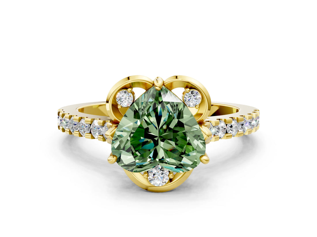Yellow gold Fancy Green Heart  Diamond Pave Band with Floral Prong Setting_27