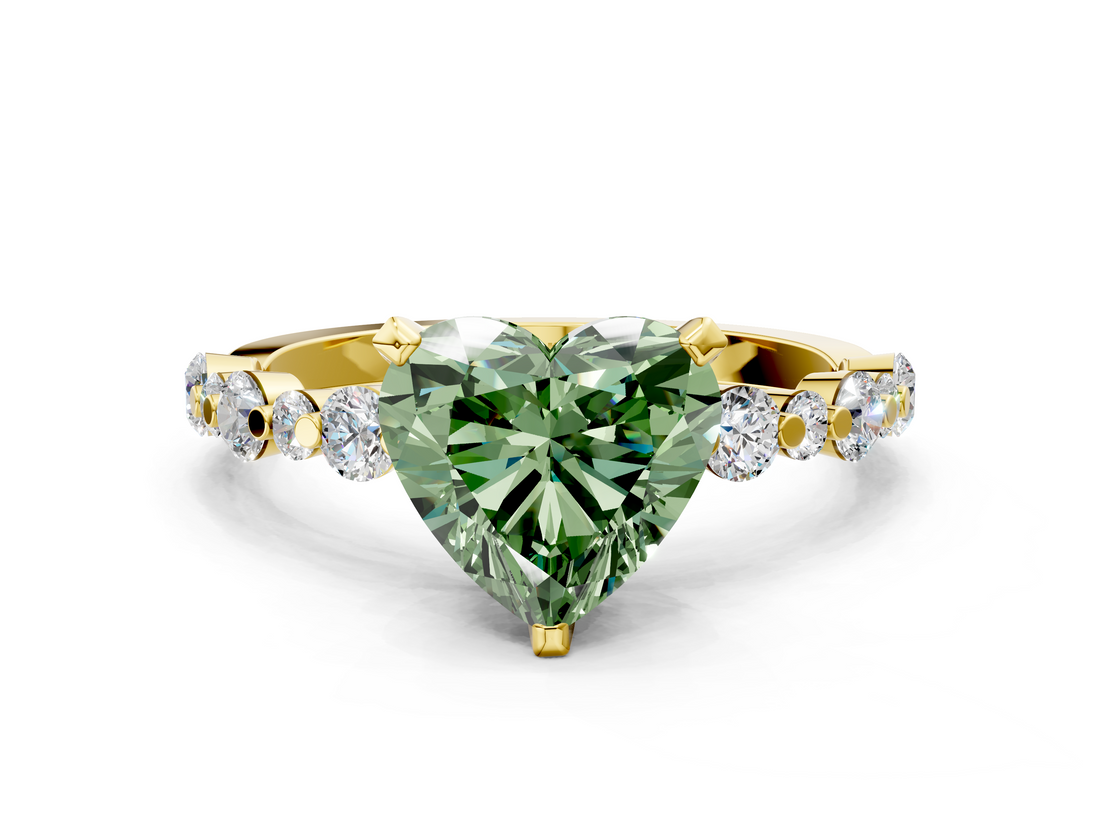 Yellow gold Fancy Green Heart  Diamond Prong Set Engagement Ring with Pave Band