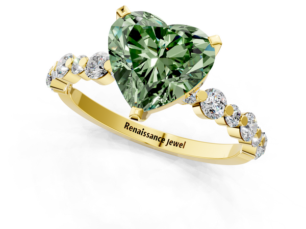 Yellow gold Fancy Green Heart Cut Diamond Prong Set Engagement Ring with Pavé Band