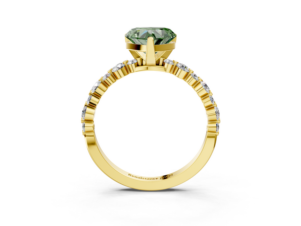 Yellow gold Fancy Green Heart Cut Diamond Prong Set Engagement Ring with Pavé Band