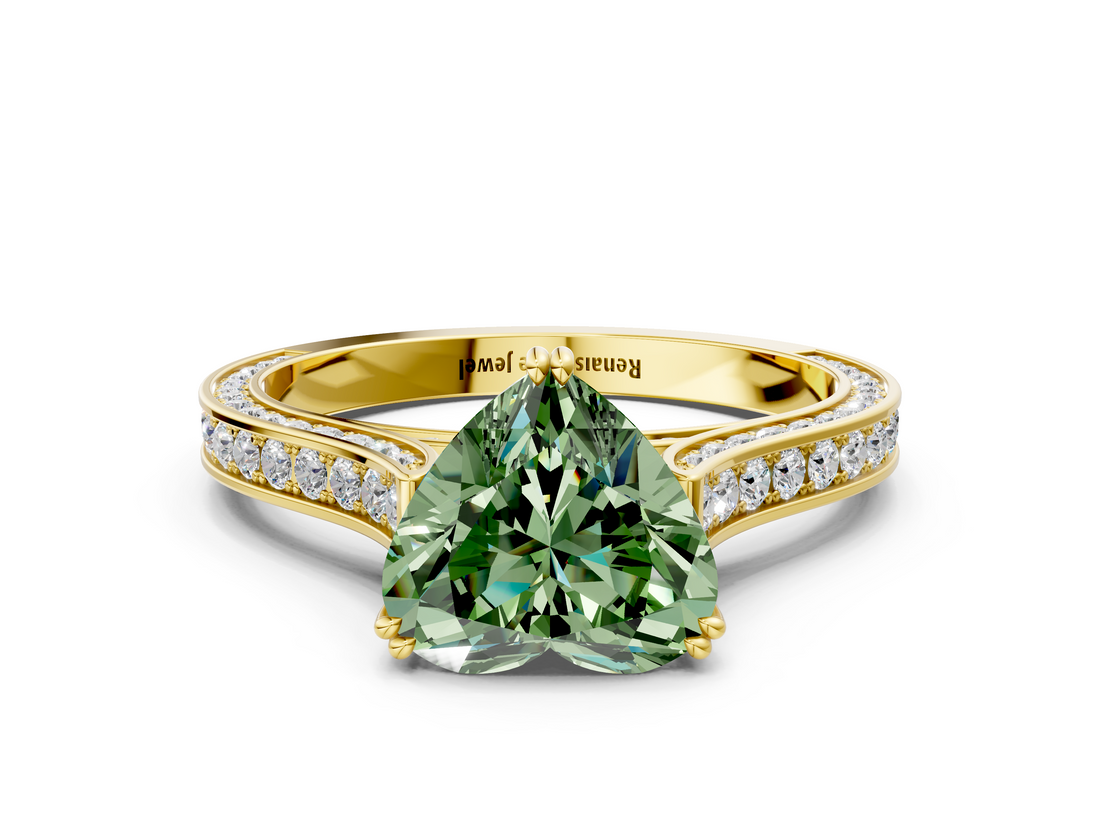 Yellow gold Fancy Green Heart  Diamond Solitaire with Pave Band and Six-Prong Setting