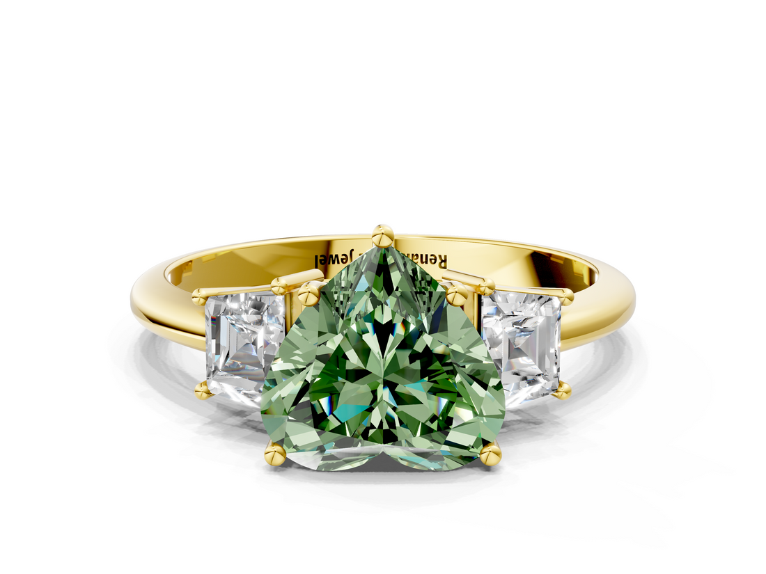 Yellow gold Fancy Green Heart  Diamond Three-Stone Ring with Trapezoid Side Stones and Prong Setting