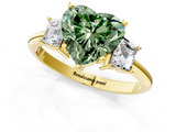Yellow gold Fancy Green Heart  Diamond Three-Stone Ring with Trapezoid Side Stones and Prong Setting_1