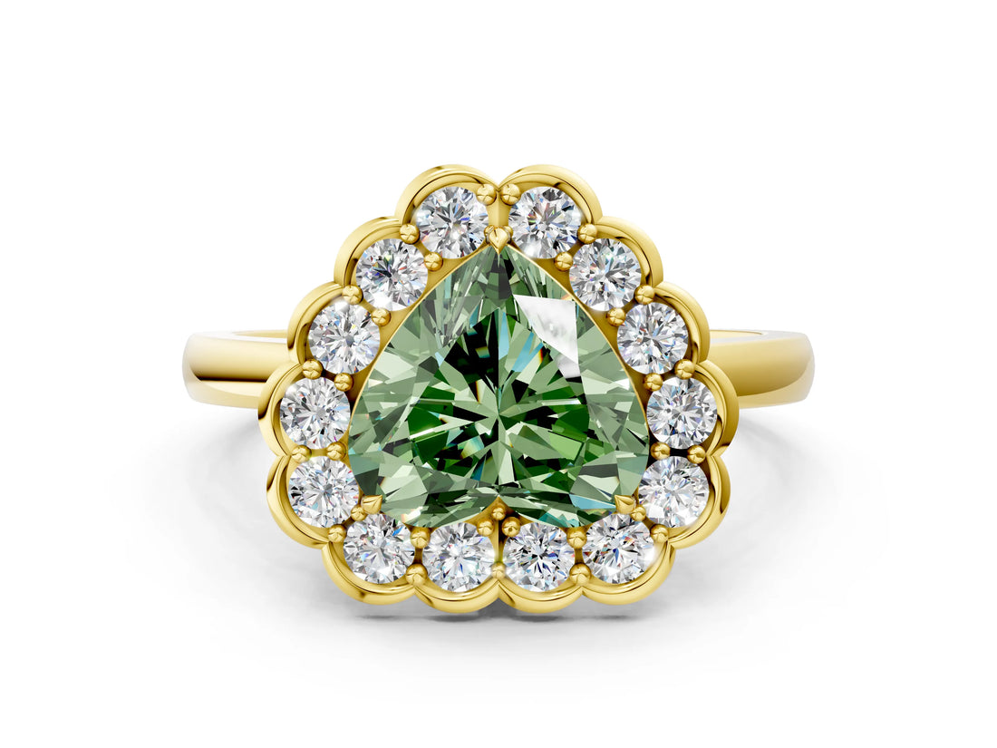 Yellow gold Fancy Green Heart  Halo Cluster Diamond Engagement Ring with Solitaire Band and Prong Setting_46