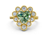 Yellow gold Fancy Green Heart  Halo Diamond Cluster Engagement Ring with Milgrain Bezel Setting and Solitaire Band_51