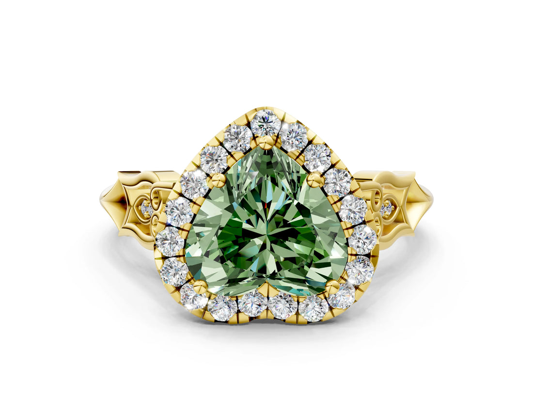 Yellow gold Fancy Green Heart  Halo Diamond Engagement Ring with Filigree Band and Four-Prong Setting_81