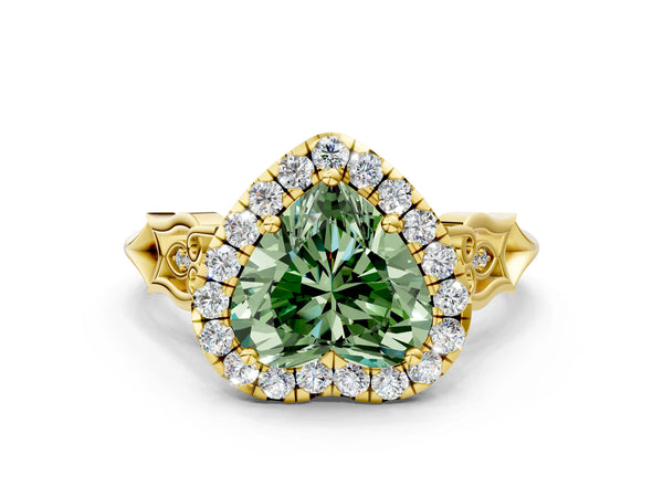 Yellow gold Fancy Green Heart  Halo Diamond Engagement Ring with Filigree Band and Four-Prong Setting