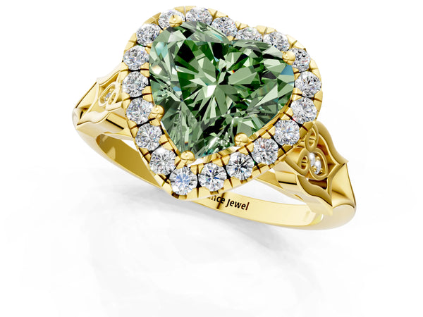 Yellow gold Fancy Green Heart  Halo Diamond Engagement Ring with Filigree Band and Four-Prong Setting
