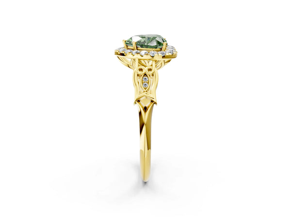 Yellow gold Fancy Green Heart  Halo Diamond Engagement Ring with Filigree Band and Four-Prong Setting