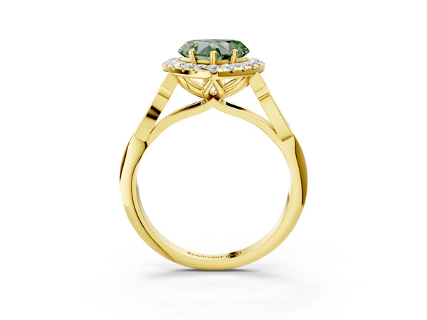 Yellow gold Fancy Green Heart  Halo Diamond Engagement Ring with Filigree Band and Four-Prong Setting