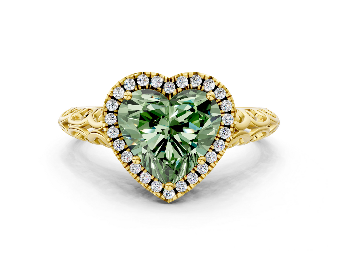 Yellow gold Fancy Green Heart  Halo Diamond Engagement Ring with Intricate Filigree Band and Four-Prong Setting