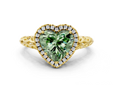 Yellow gold Fancy Green Heart  Halo Diamond Engagement Ring with Intricate Filigree Band and Four-Prong Setting