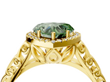 Yellow gold Fancy Green Heart  Halo Diamond Engagement Ring with Intricate Filigree Band and Four-Prong Setting_4