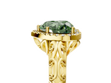Yellow gold Fancy Green Heart  Halo Diamond Engagement Ring with Intricate Filigree Band and Four-Prong Setting_5