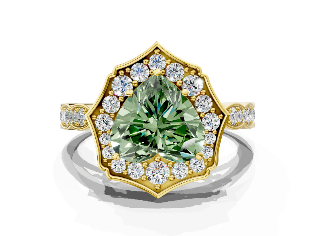 Yellow gold Fancy Green Heart  Halo Diamond Engagement Ring with Milgrain Band and Four-Prong Setting_17